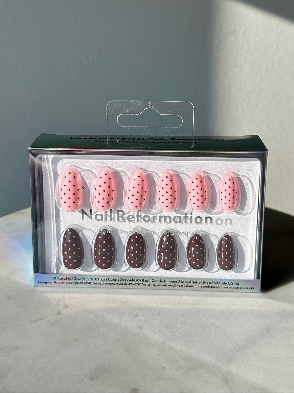 NEW Nail Reformation Short Almond Press-on Nails Double Dip Pink Brown Polka Dot